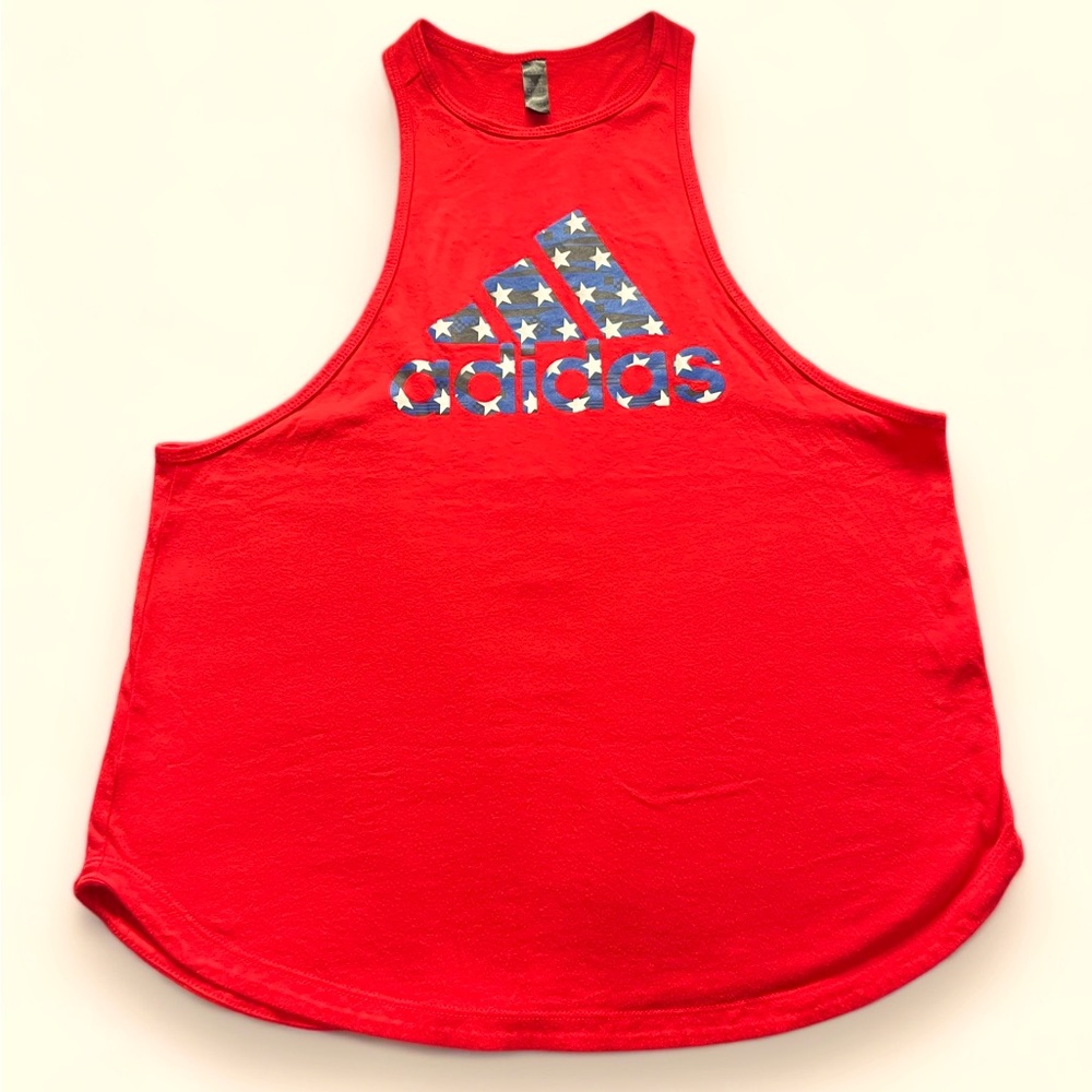 Adidas Womens Graphic Tank Top Red White Blue Big Logo American Flag 4th Of July